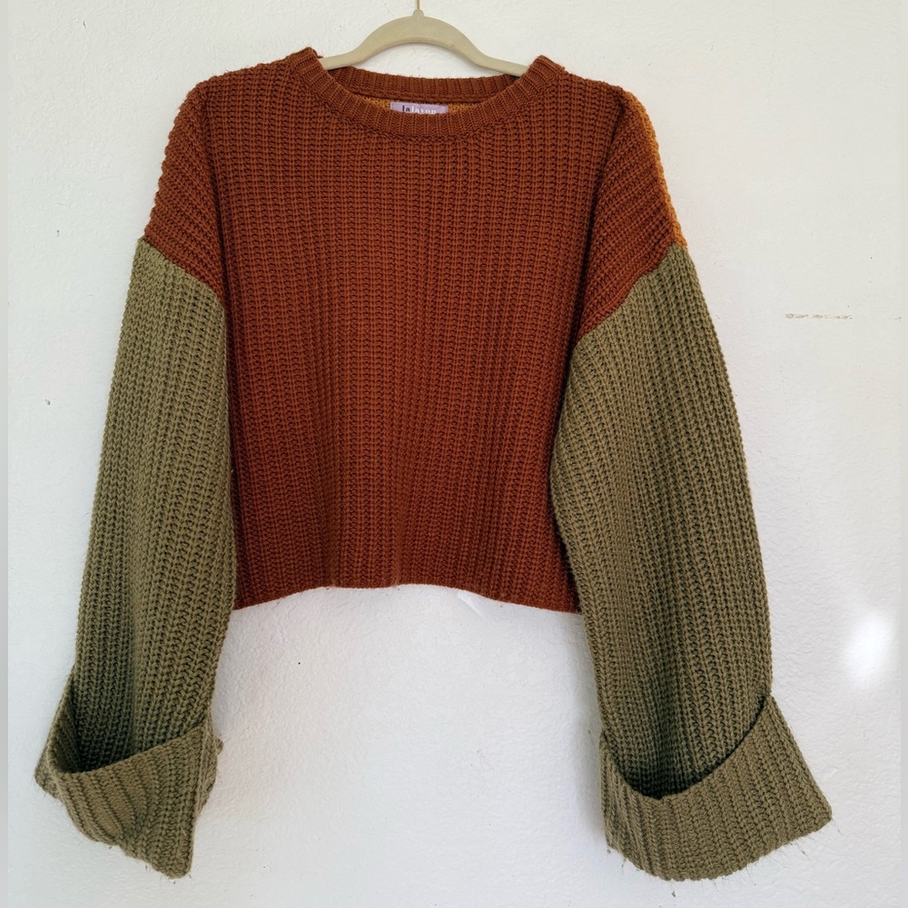 Lalavon Rust Olive Green Colorblock Cropped Knit Sweater Medium